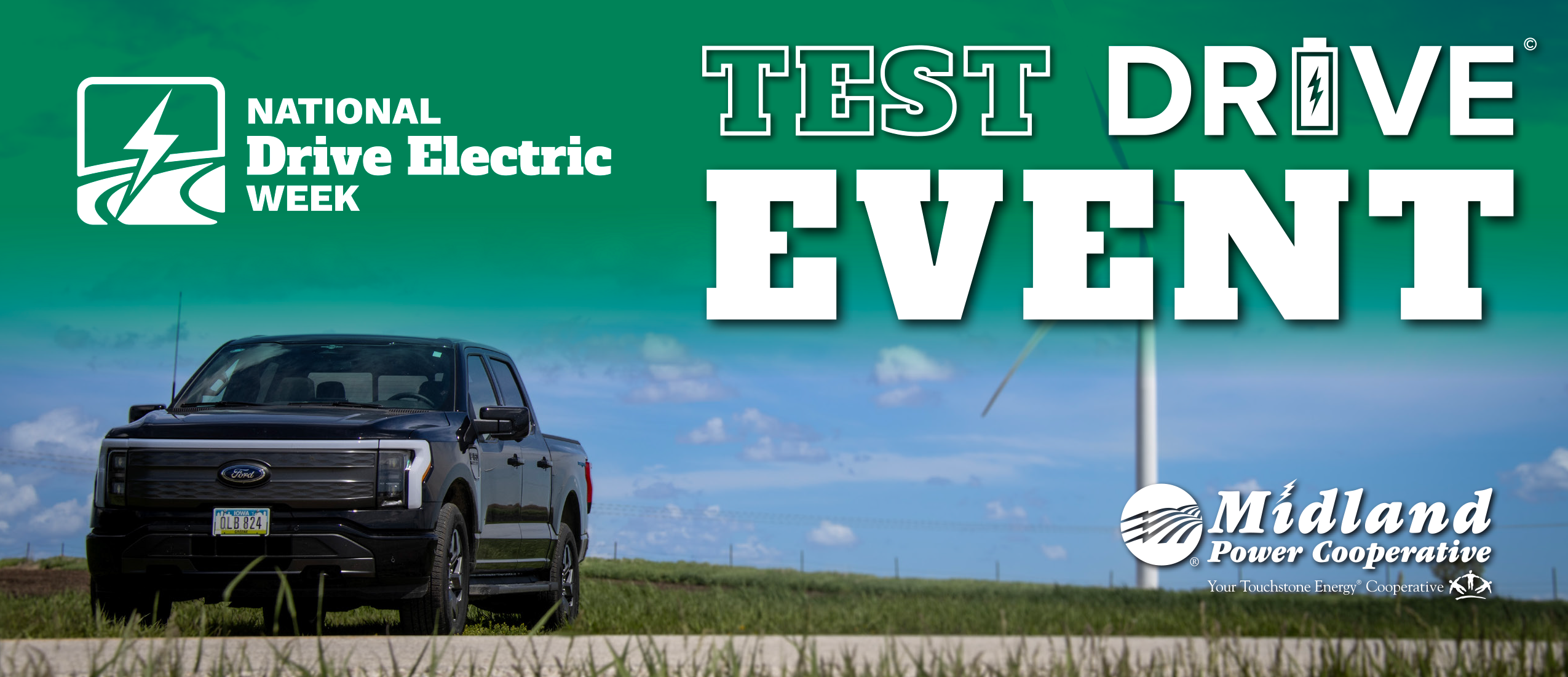 Midland Power Test Drive Event graphic of the co-op's Ford F-150 Lighting in front of a local wind turbine